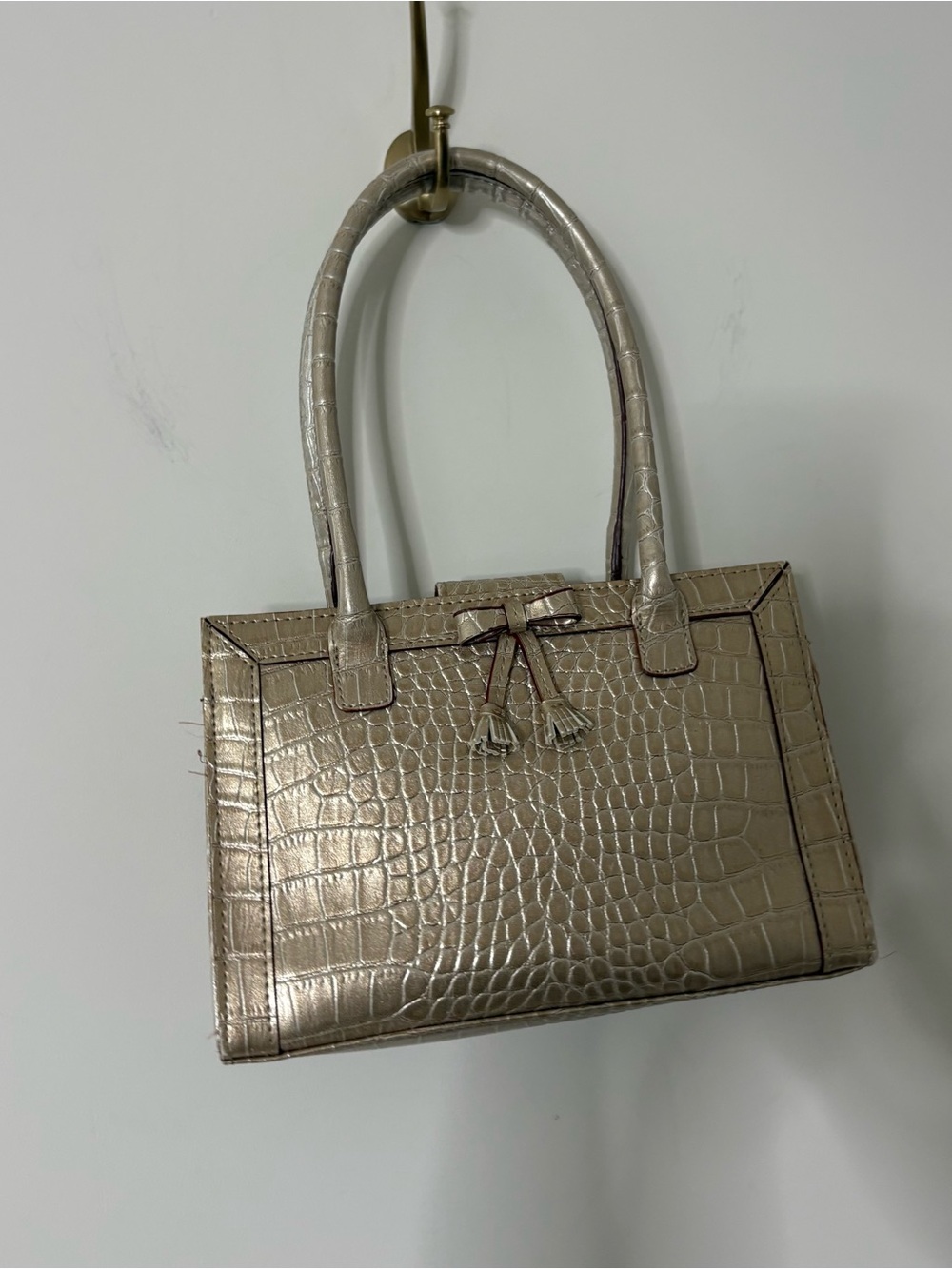 Vintage Liz Claiborne Gold/Silver Faux Crocodile Leather Purse w/ Tassel Bow